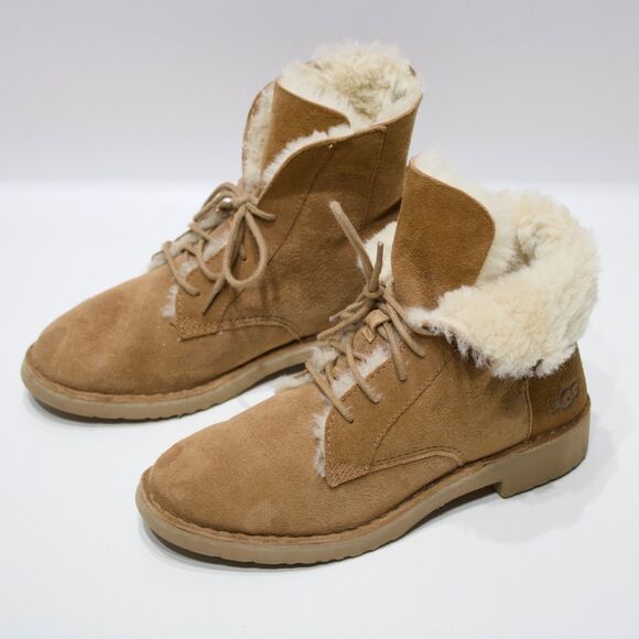 UGG Quincy Brown Sheepskin Shearling Lined Lace-Up Combat Boots